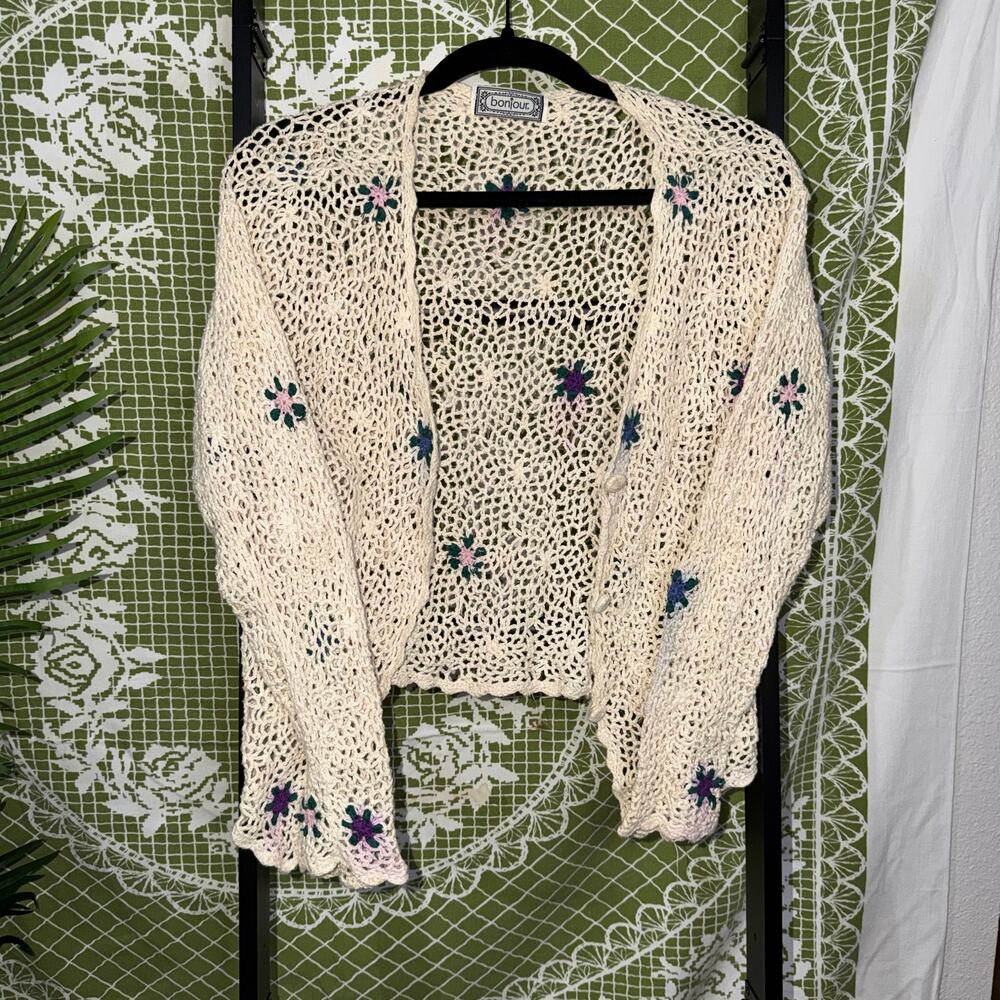 🌸 VINTAGE BONJOUR CROCHET‎ FLORAL CARDIGAN 🌸